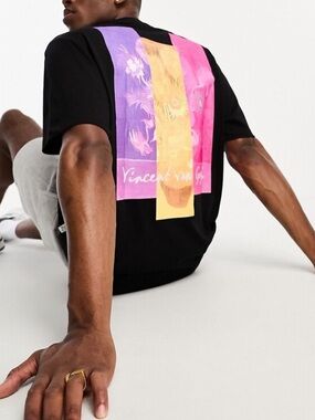 Bershka Van Gogh Black Graphic Sz L Men's T‑Shirt